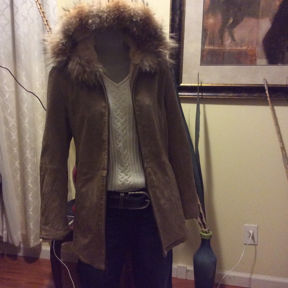 WILSONS LEATHER SUEDE COAT W/ MINK TRIMMED HOOD SM